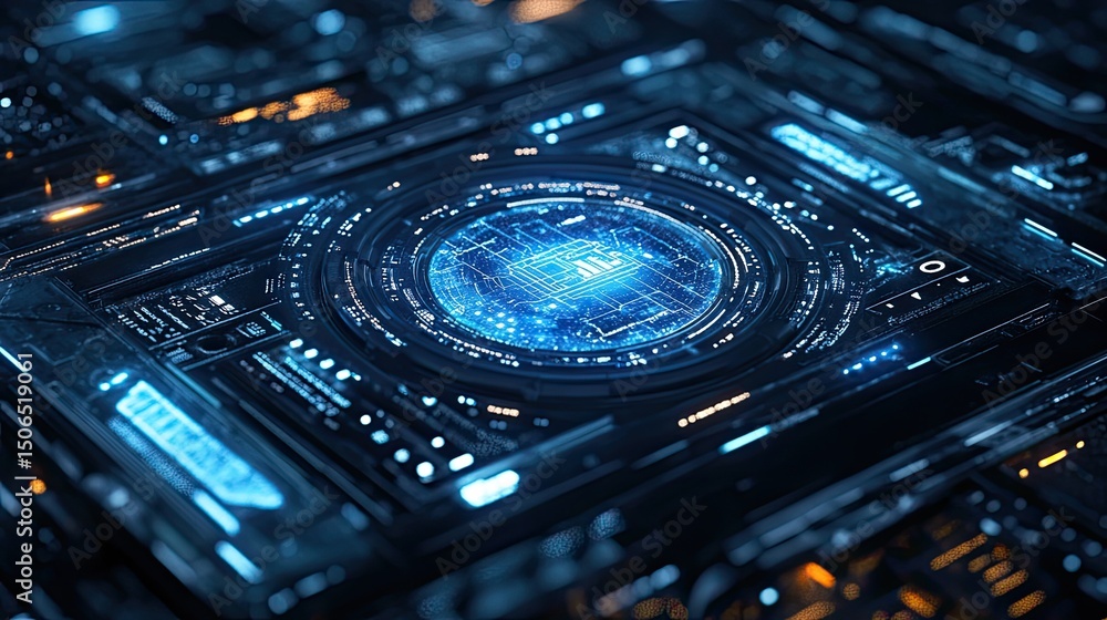 Poster close up view of a futuristic blue circuit board with intricate detailing and glowing elements