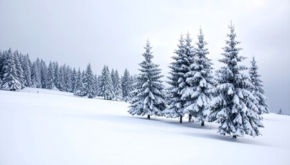 Obraz premium Serene winter landscape with snow-covered evergreen trees under a cloudy sky, evoking a tranquil and peaceful atmosphere in a snowy forest scene.. copy space text