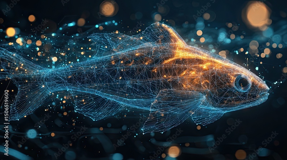 Poster digital fish with glowing lines and bokeh lights floating in a dark blue and black background