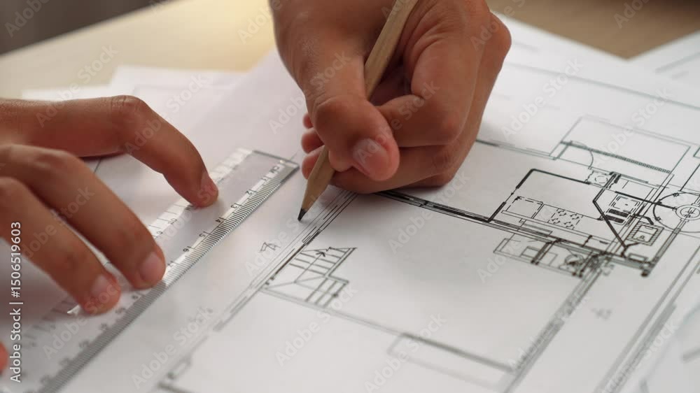 Poster video of clever architect or smart engineer using measurement tool and pencil hand design a detail o