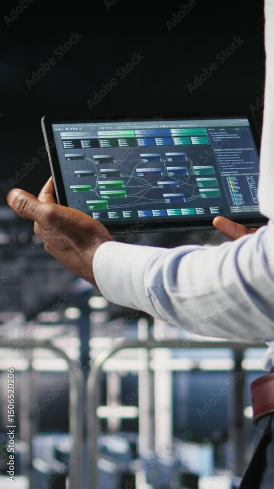Poster vertical video data center admin checking code on tablet next to colleague reviewing ai visualizatio