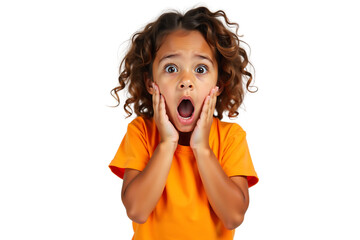 Surprised Young Girl with Curly Hair and Hands Raised on White Background