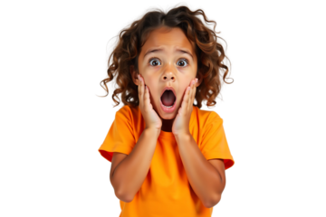 Surprised Young Girl with Curly Hair and Hands Raised on White Background