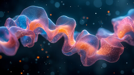 Abstract flowing liquid forms with glowing particles in space, futuristic molecular structure and scientific visualization concept