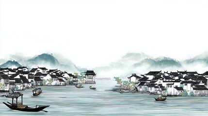 Ink - wash style panorama of Jiangnan water town, ancient buildings with white walls and black tiles, wupeng boats swaying on the winding river, distant mountains shrouded in mist