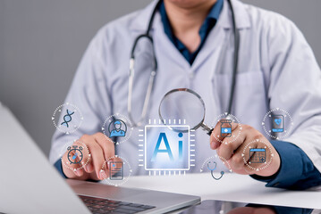 Doctor utilizing artificial intelligence in healthcare for advanced diagnostics. This technology drives innovation in medicine, shaping the future of medical science.