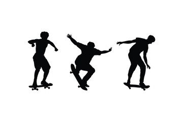 Skateboarder Silhouette Vector Set Performing Extreme Tricks and Jumps in Urban Skate Park Action Scenes Isolated on White Background