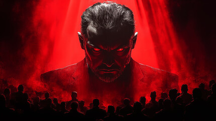 Menacing man with glowing red eyes standing above crowd in dramatic red lighting, concept of power and leadership