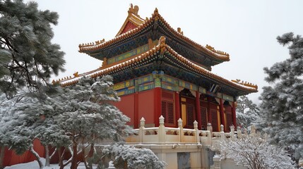 Gongbi - style snow scene of the Forbidden City, red walls and golden tiles covered in snow, vivid glazed roof beasts, white marble railings contrasting with green pine trees