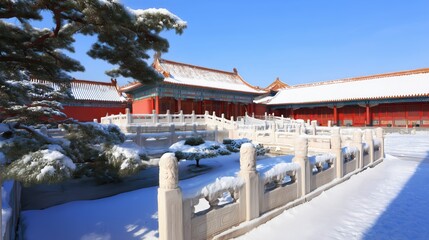 Gongbi - style snow scene of the Forbidden City, red walls and golden tiles covered in snow, vivid glazed roof beasts, white marble railings contrasting with green pine trees