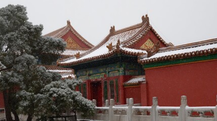Gongbi - style snow scene of the Forbidden City, red walls and golden tiles covered in snow, vivid glazed roof beasts, white marble railings contrasting with green pine trees
