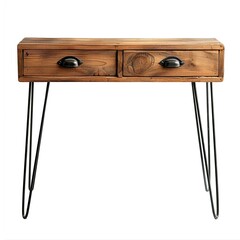 A wooden console table with two drawers and black metal legs, suitable for storage and decor. on white background