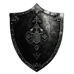 A decorative black shield featuring ornate designs and studs, symbolizing protection and valor. on white background