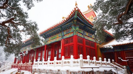 Gongbi - style snow scene of the Forbidden City, red walls and golden tiles covered in snow, vivid glazed roof beasts, white marble railings contrasting with green pine trees