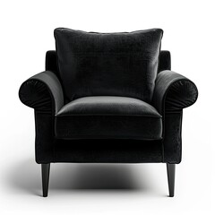 A stylish black armchair with plush cushions, perfect for relaxation and interior decor. on white background