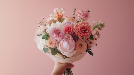 ふんわりと包まれた華やかなフラワーブーケ──ギフトシーンや空間装飾に適した淡色ビジュアル