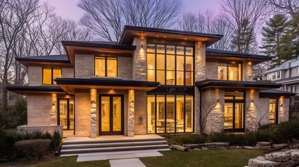 Modern home at dusk with warm interior lights, minimalist design. Cozy contemporary living in harmony with twilight.