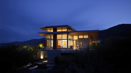 Modern home at dusk with warm interior lights, minimalist design. Cozy contemporary living in harmony with twilight.