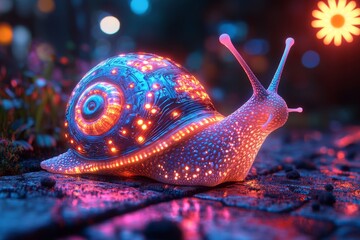 Glowing snail night city garden fantasy art