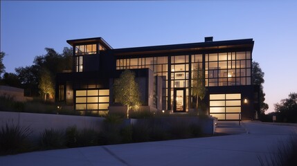 Modern home at dusk with warm interior lights, minimalist design. Cozy contemporary living in harmony with twilight.