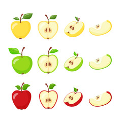 Set of fruit illustrations of apples green, yellow, red. Apples in section. Hand drawn.