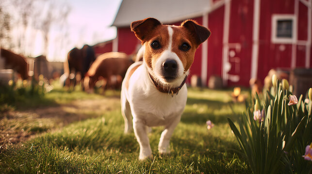 Small Jack Russell terrier dog confidently standing in front of a red barn in a picturesque farmyard setting.