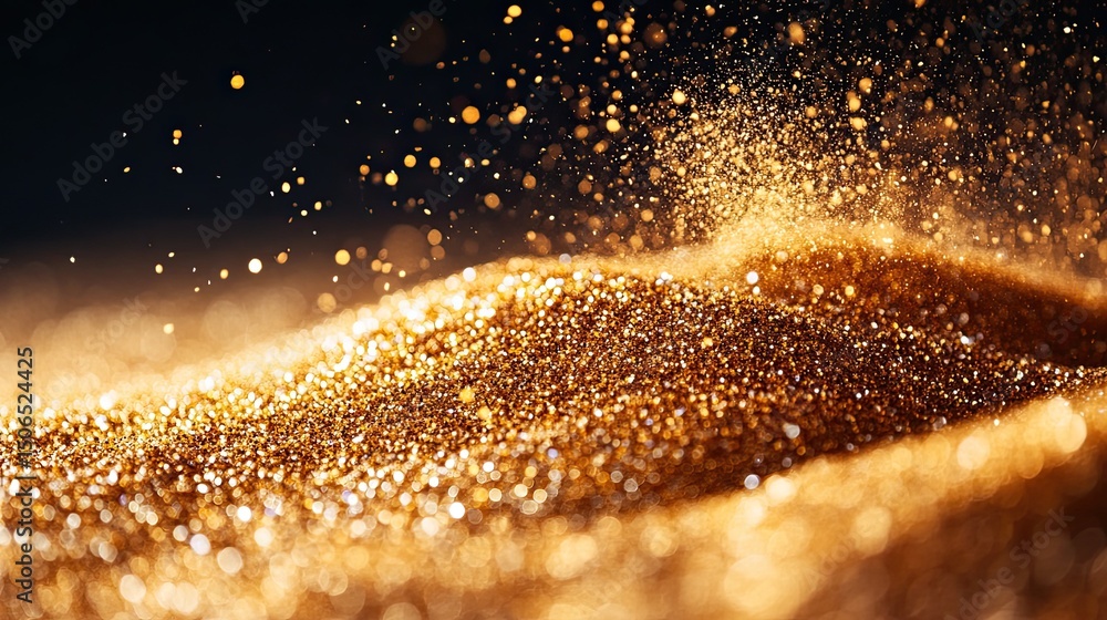 Poster a close up of golden glitter scattered on a dark surface creating a shimmering and luxurious effect