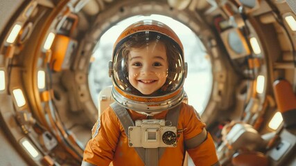 A joyful little boy in a tiny astronaut costume stands proudly in his creative cardboard spaceship. His imagination soars as he dreams of exploring the universe and distant planets