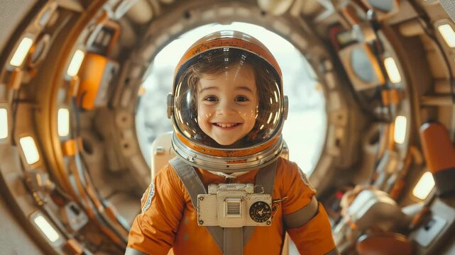 A joyful little boy in a tiny astronaut costume stands proudly in his creative cardboard spaceship. His imagination soars as he dreams of exploring the universe and distant planets