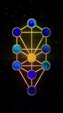 Colourful Kabbalah Tree of Life in the Universe with 10 spheres of the Sefirot. Cosmic and Mystical symbolism. For presentations, studies, teachings, energy, cosmos. Vertical 4K Resolution