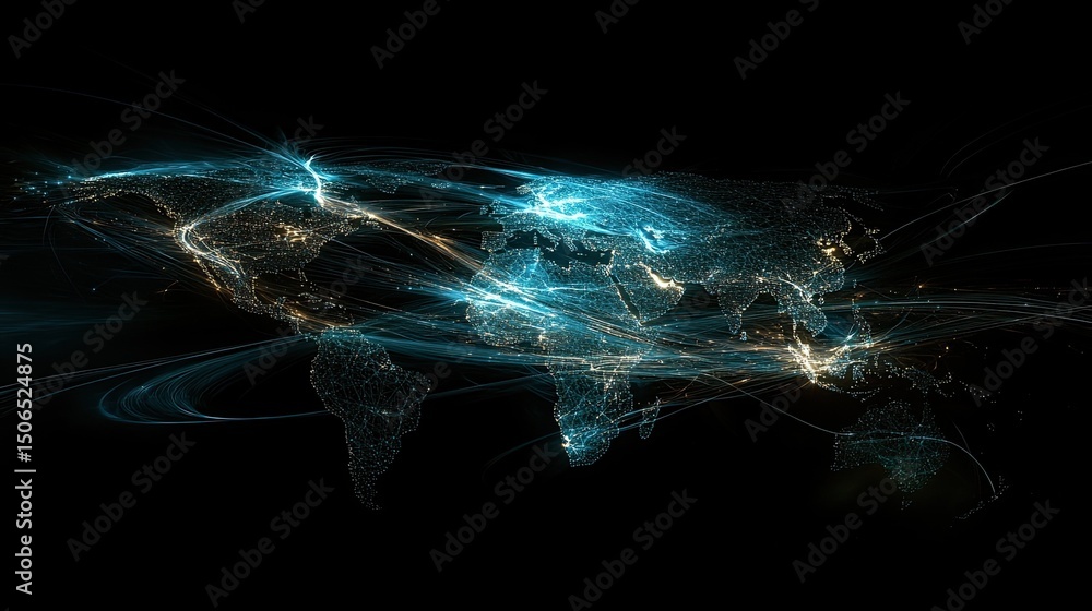 Poster an abstract world map with glowing lines representing connections on a black background