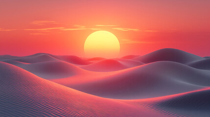 Desert sand dunes landscape at sunset with warm orange and pink gradient sky, abstract nature background concept