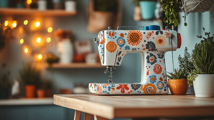Sewing machine with colorful floral pattern on wooden table in cozy craft room, DIY hobby and creative handmade concept
