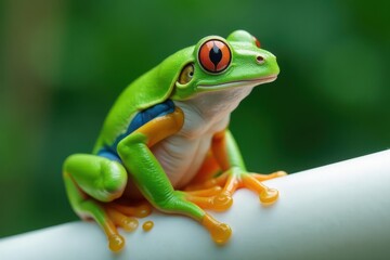 Obraz premium Green tree frog perched on white, vibrant skin, leaf, stick, speckled