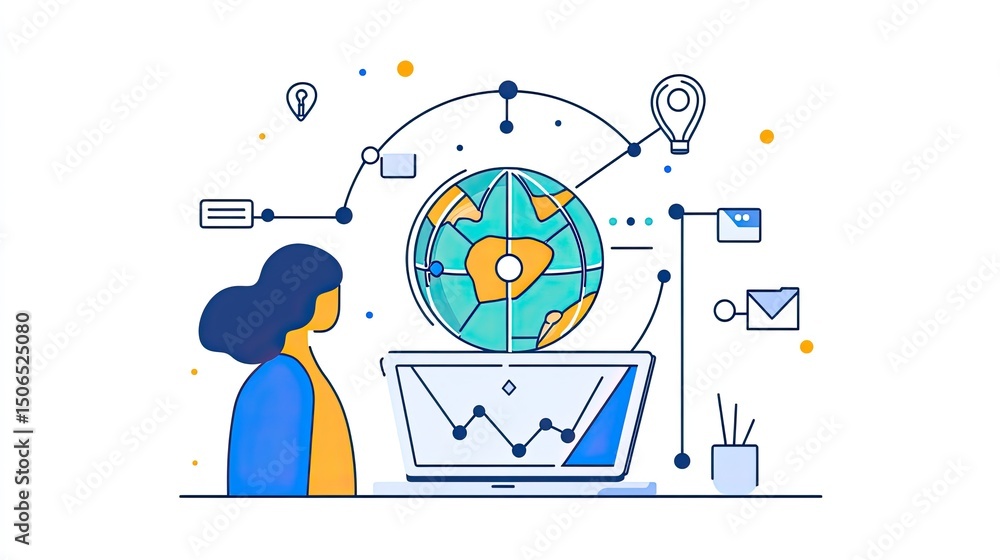 Poster woman looking at laptop with globe and data points connected by lines in a vector illustration
