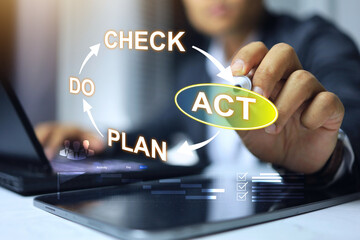 PDCA plan do check act management process concept with businessman circle on action to implement in business activity for improve process and quality of products