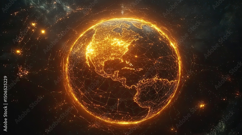Poster glowing earth with visible continents and network connections in a dark space background
