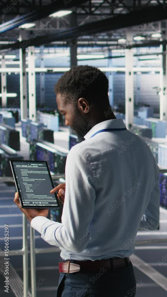 Poster vertical video data center programmers on industrial platform checking lines of code, collaborating 