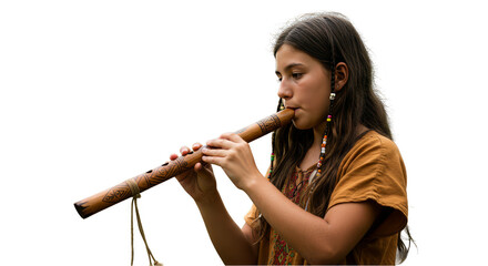 Isolated Portrait Young Native Girl Plays Wooden Flute Music