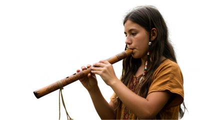 Isolated Portrait Young Native Girl Plays Wooden Flute Music
