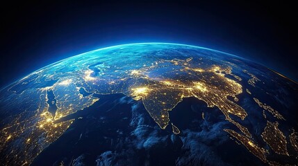 Earth at night showing asia and the middle east with city lights illuminating the dark side