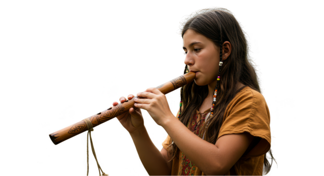 Isolated Portrait Young Native Girl Plays Wooden Flute Music