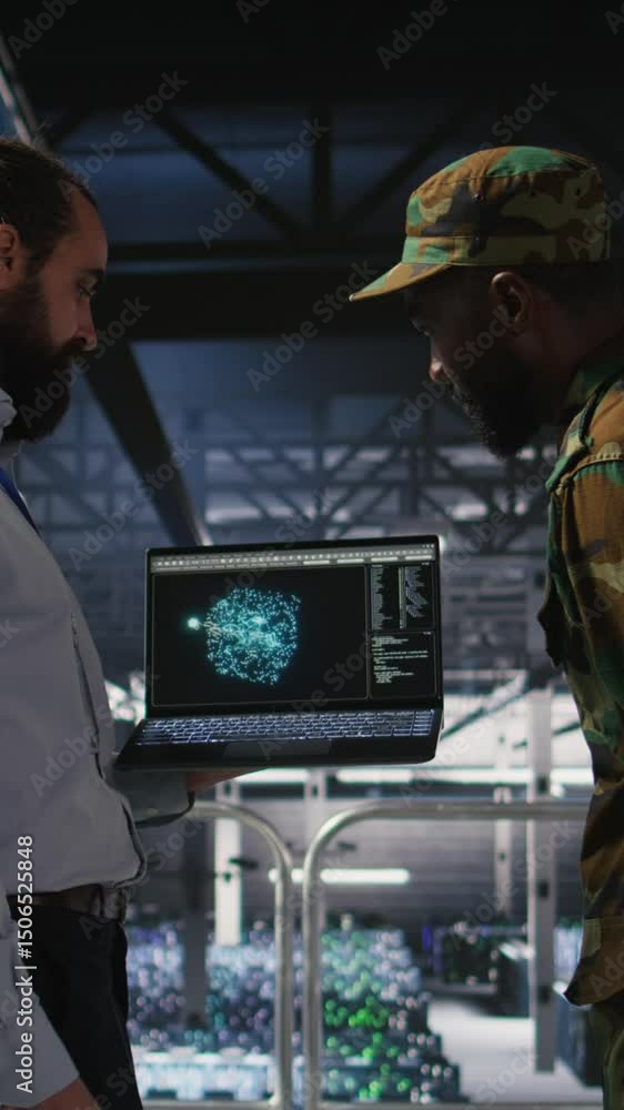Poster vertical video military operator and it expert in army data center using ai on laptop to manage auto