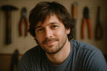 Fototapeta premium Smiling man in workshop with hanging tools in the background, expressing creativity and craftsmanship