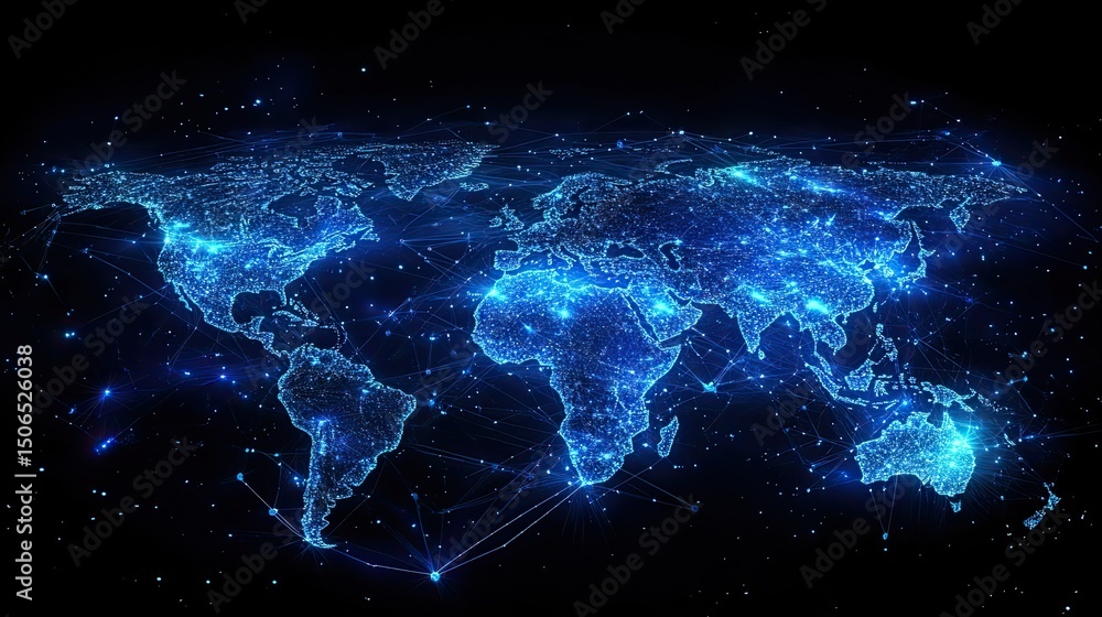 Poster glowing world map with interconnected lines and bright blue lights in a dark space background