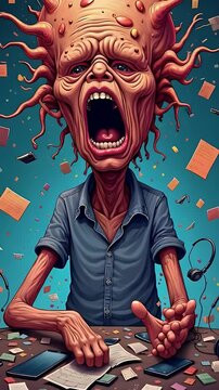 &ldquo;Surreal cartoon-style illustration of a stressed-out office worker with an exploding brain, papers flying in chaos, exaggerated emotion and bizarre anatomy, colorful and dramatic&rdquo;

