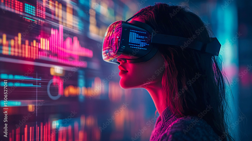 Poster a woman wearing virtual glasses that display vivid digital data and graphs. it is surrounded by many