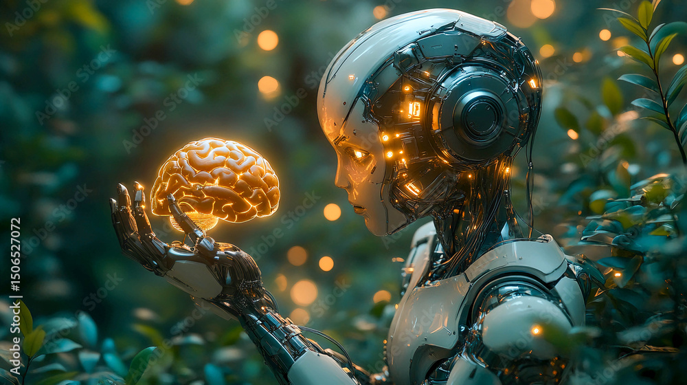 Poster the robot holds a glowing artificial brain in its hand. the background is a dense green forest. the 