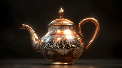 An exquisite silver teapot, possibly Moroccan, with intricate engravings and elegant curves, shines against a dark, softly lit background