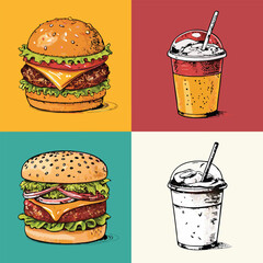 Fast Food Set with Burgers, Sandwiches, and Soft Drinks – Hand-Drawn Vector Illustrations in Retro and Pop Art Style.